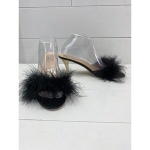 Aootao‎ Fashion Feather Slide Women Size 41 Black Kitten Heels Glam 9.5 Bedroom